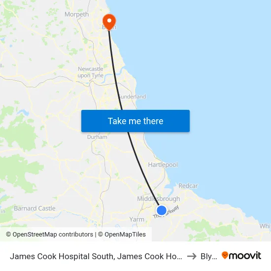 James Cook Hospital South, James Cook Hospital to Blyth map