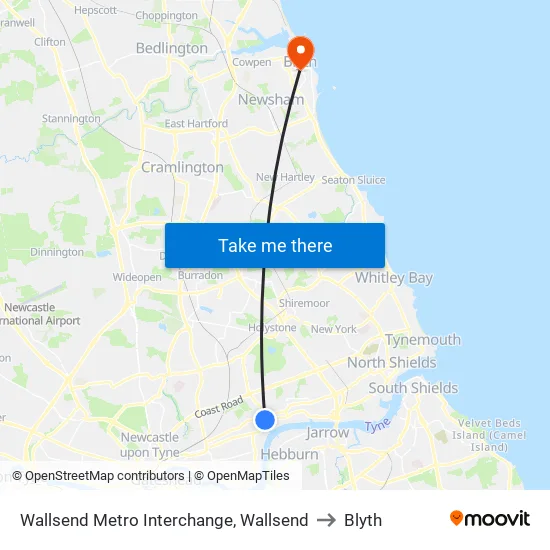 Wallsend Metro Interchange, Wallsend to Blyth map