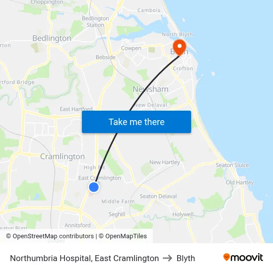Northumbria Hospital, East Cramlington to Blyth map
