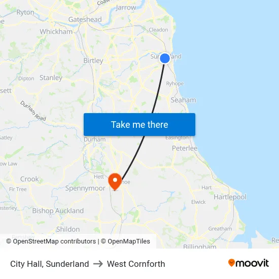 City Hall, Sunderland to West Cornforth map