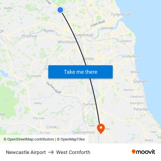 Newcastle Airport to West Cornforth map