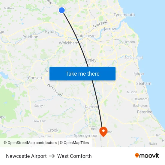 Newcastle Airport to West Cornforth map