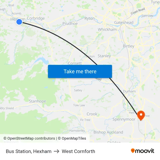 Bus Station, Hexham to West Cornforth map