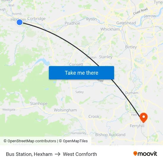 Bus Station, Hexham to West Cornforth map