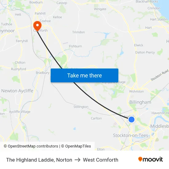 The Highland Laddie, Norton to West Cornforth map