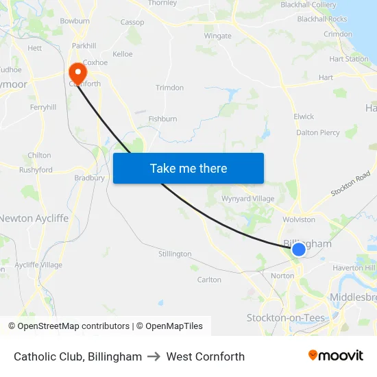 Catholic Club, Billingham to West Cornforth map
