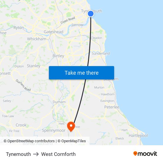 Tynemouth to West Cornforth map