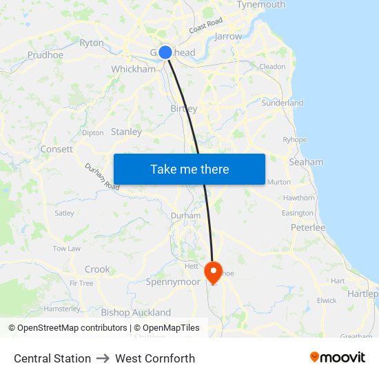 Central Station to West Cornforth map