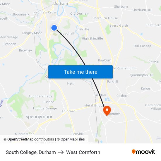 South College, Durham to West Cornforth map