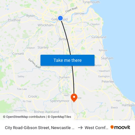 City Road-Gibson Street, Newcastle upon Tyne to West Cornforth map