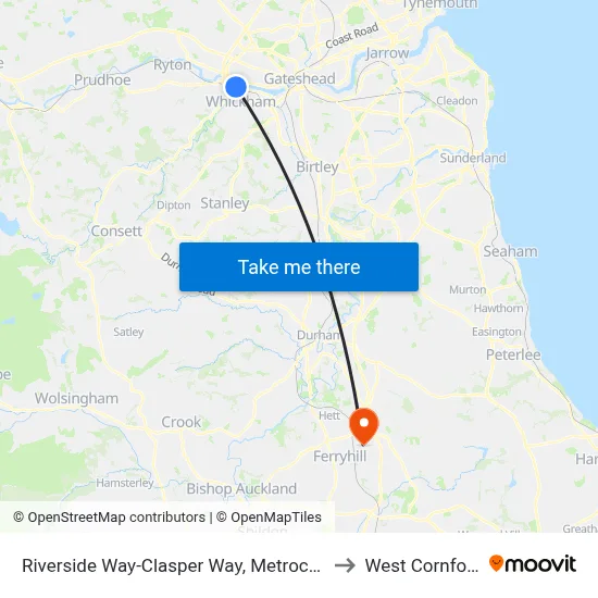 Riverside Way-Clasper Way, Metrocentre to West Cornforth map