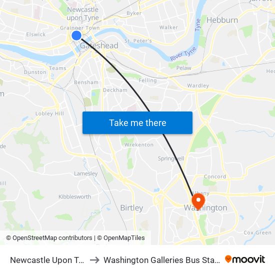 Newcastle Upon Tyne to Washington Galleries Bus Station map
