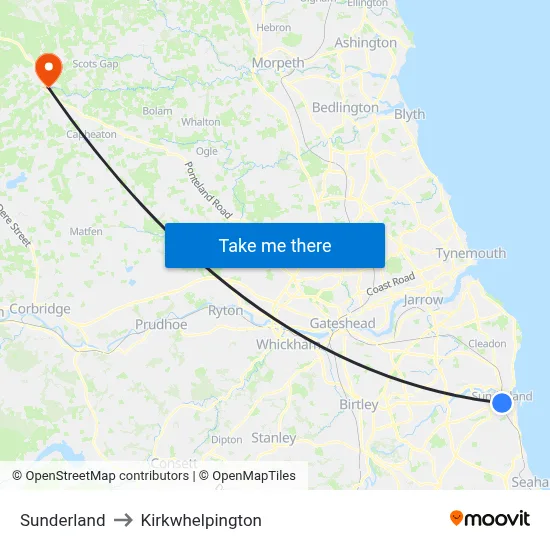 Sunderland to Kirkwhelpington map
