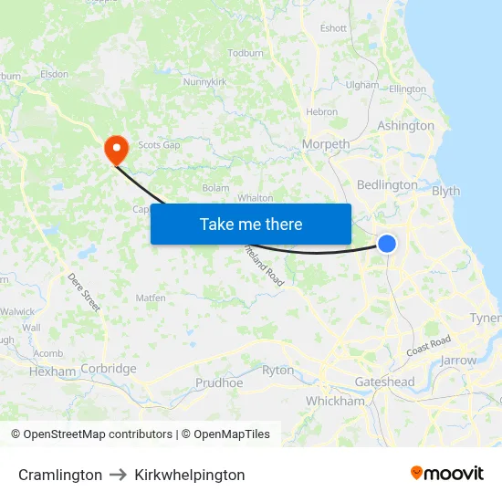 Cramlington to Kirkwhelpington map