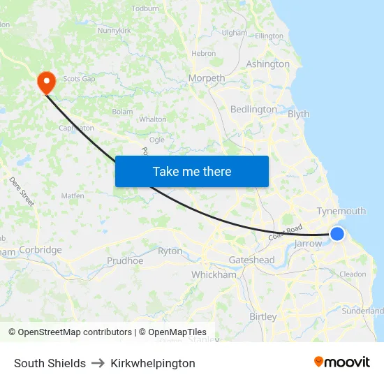 South Shields to Kirkwhelpington map