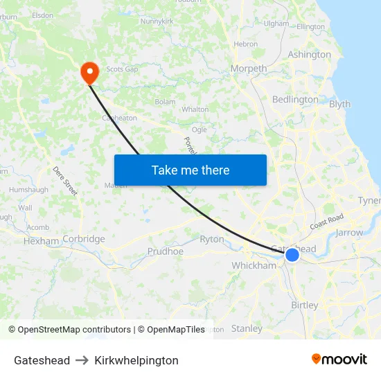 Gateshead to Kirkwhelpington map
