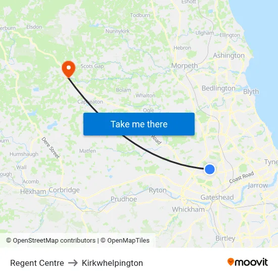 Regent Centre to Kirkwhelpington map