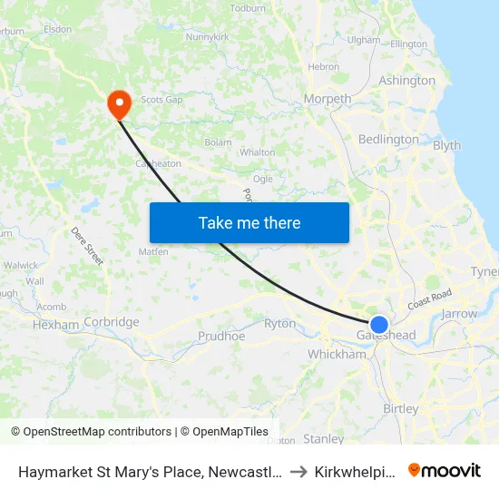 Haymarket St Mary's Place, Newcastle upon Tyne to Kirkwhelpington map