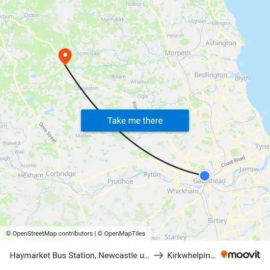 Haymarket Bus Station, Newcastle upon Tyne to Kirkwhelpington map