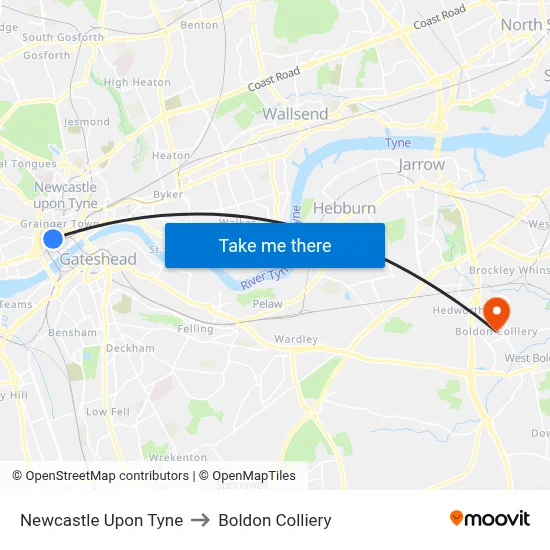 Newcastle Upon Tyne to Boldon Colliery map