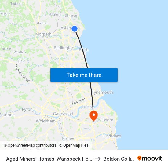 Aged Miners' Homes, Wansbeck Hospital to Boldon Colliery map