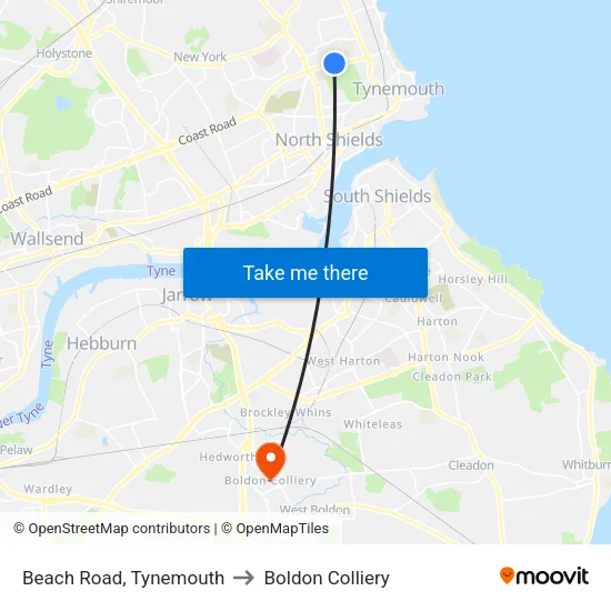 Beach Road, Tynemouth to Boldon Colliery map