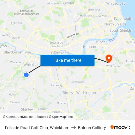 Fellside Road-Golf Club, Whickham to Boldon Colliery map