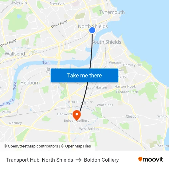 Transport Hub, North Shields to Boldon Colliery map