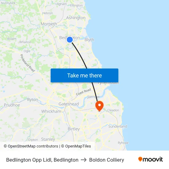 Bedlington Opp Lidl, Bedlington to Boldon Colliery map
