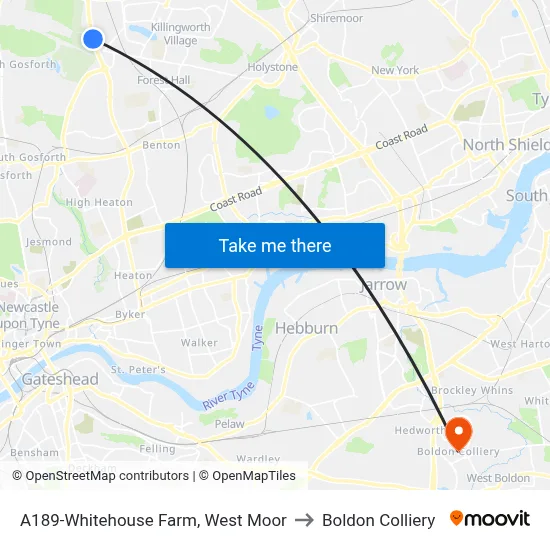A189-Whitehouse Farm, West Moor to Boldon Colliery map