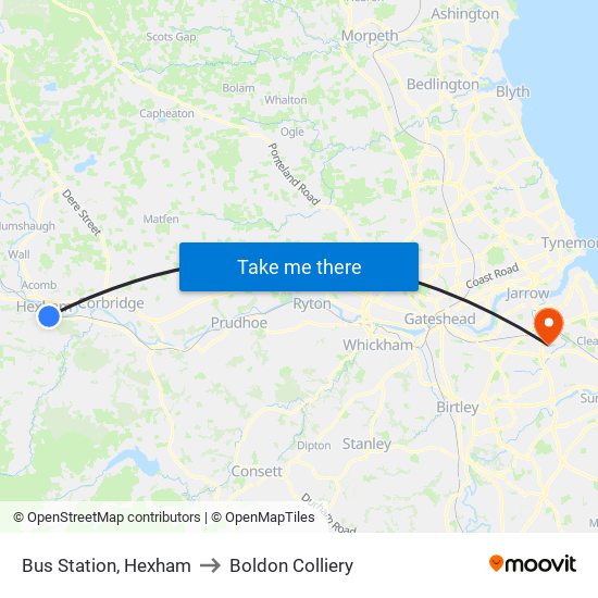 Bus Station, Hexham to Boldon Colliery map