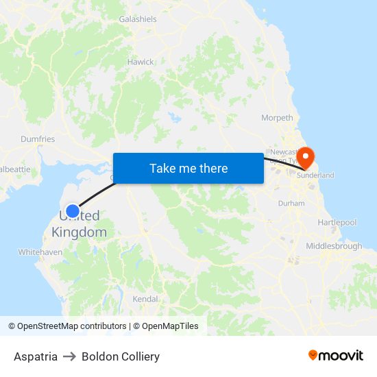 Aspatria to Boldon Colliery map