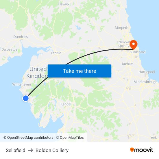 Sellafield to Boldon Colliery map