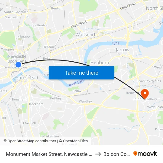 Monument Market Street, Newcastle upon Tyne to Boldon Colliery map