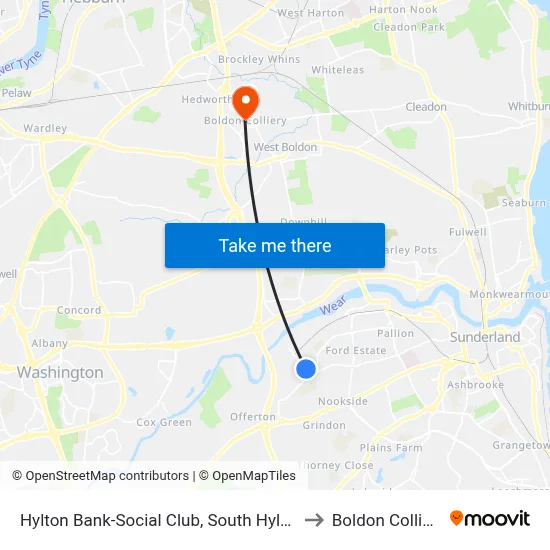 Hylton Bank-Social Club, South Hylton to Boldon Colliery map