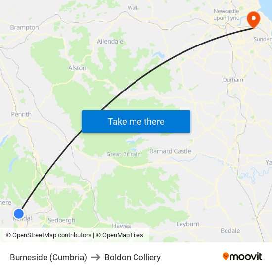 Burneside (Cumbria) to Boldon Colliery map