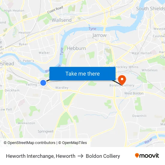 Heworth Interchange, Heworth to Boldon Colliery map