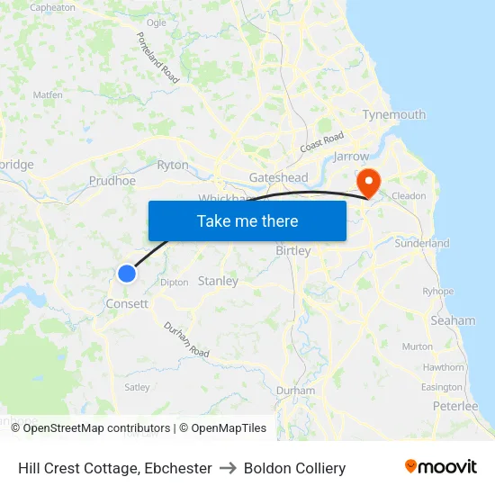 Hill Crest Cottage, Ebchester to Boldon Colliery map