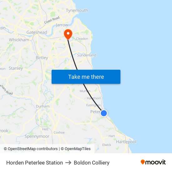 Horden Peterlee Station to Boldon Colliery map