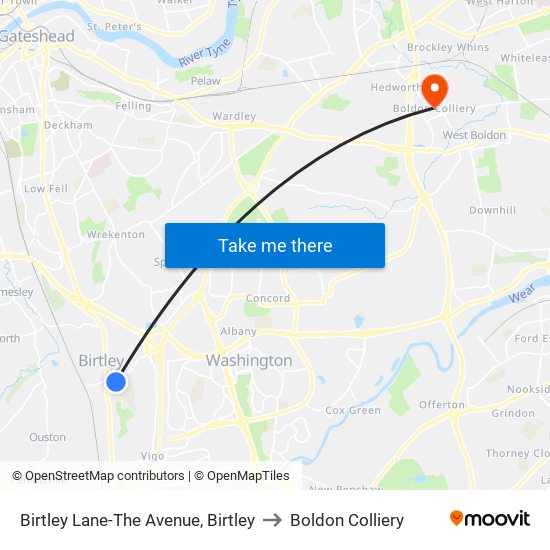 Birtley Lane-The Avenue, Birtley to Boldon Colliery map