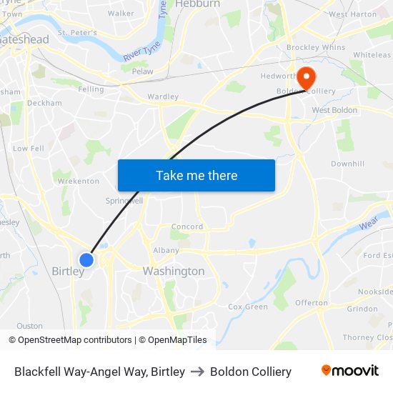 Blackfell Way-Angel Way, Birtley to Boldon Colliery map