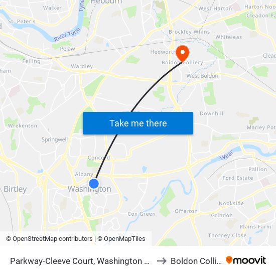 Parkway-Cleeve Court, Washington Village to Boldon Colliery map