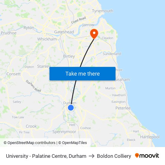 University - Palatine Centre, Durham to Boldon Colliery map