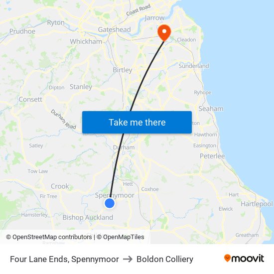 Four Lane Ends, Spennymoor to Boldon Colliery map