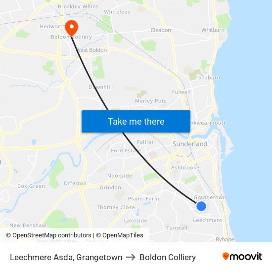 Leechmere Asda, Grangetown to Boldon Colliery map