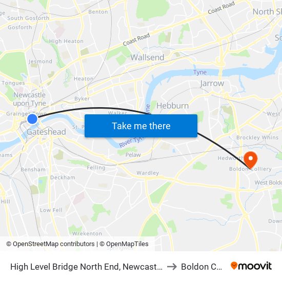 High Level Bridge North End, Newcastle upon Tyne to Boldon Colliery map