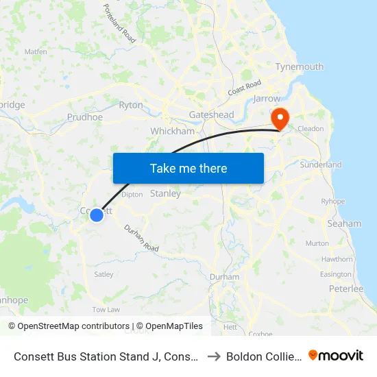 Consett Bus Station Stand J, Consett to Boldon Colliery map
