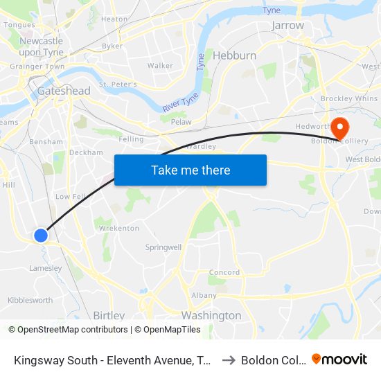 Kingsway South - Eleventh Avenue, Team Valley to Boldon Colliery map