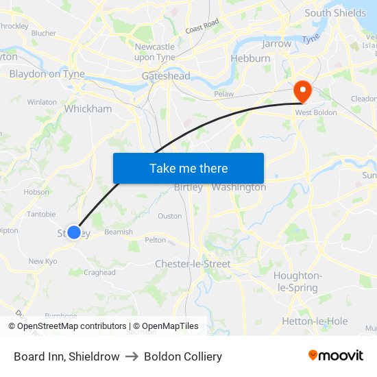 Board Inn, Shieldrow to Boldon Colliery map