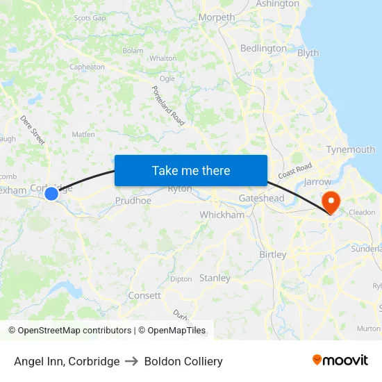Angel Inn, Corbridge to Boldon Colliery map